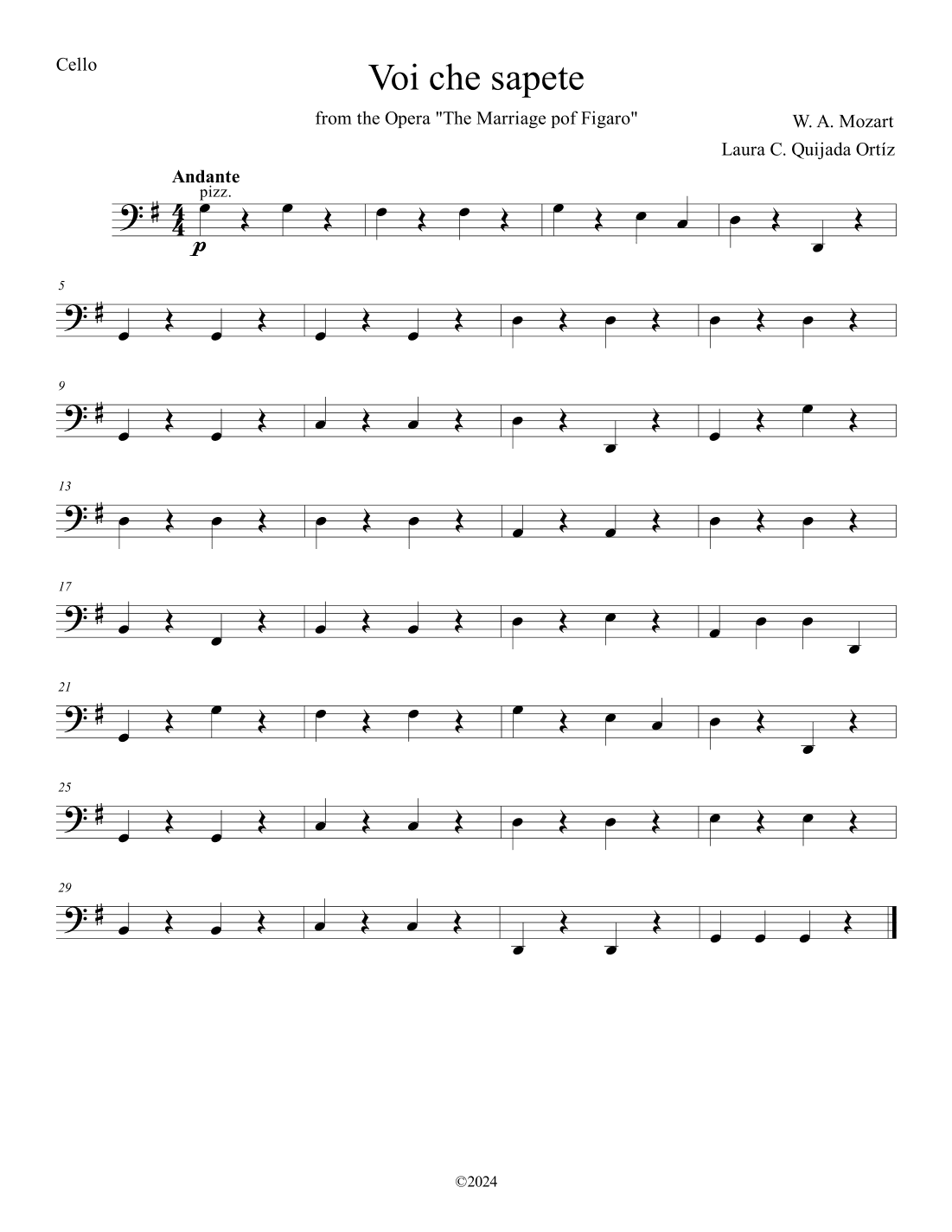 Voi che sapete, from The Marriage of Figaro. Flute solo & string orchestra. Score & parts. (arr. Laura C. Quijada Ortíz)