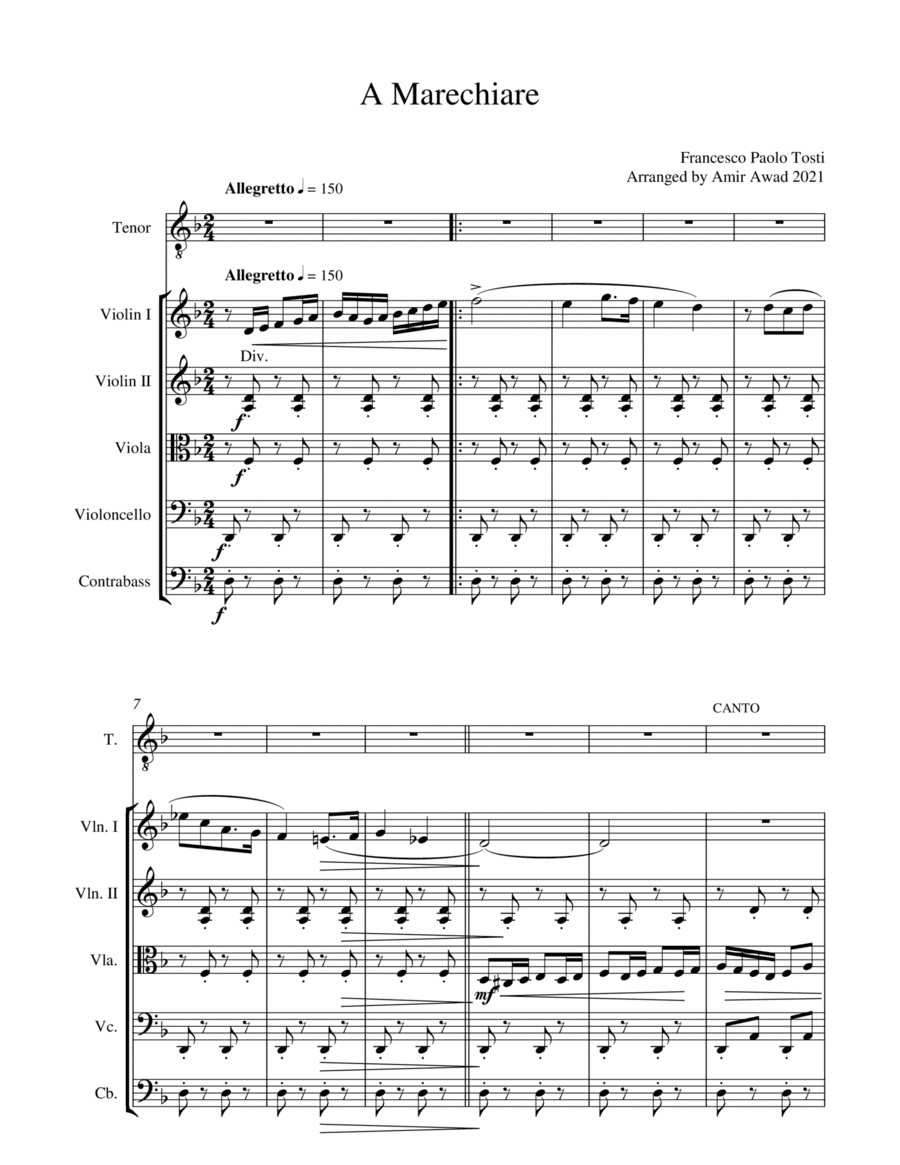 Marechiare - Neopolitan Song by Tosti - Arranged for String Orchestra and Tenor in D minor (arr. Amir Awad)