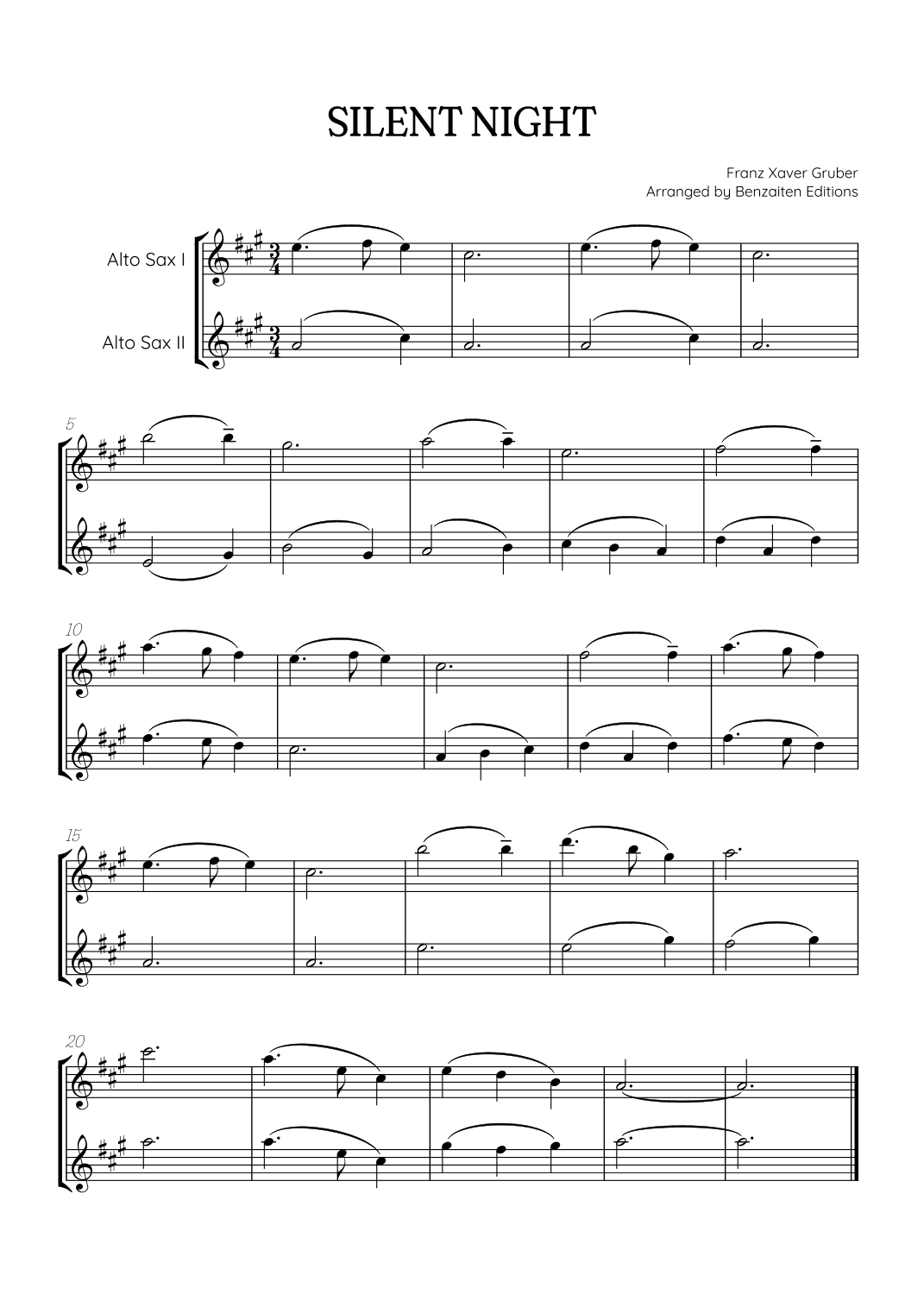 Silent Night for alto sax duet • easy Christmas song sheet music (arr. Benzaiten Editions)