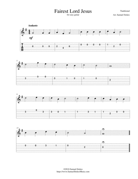 Fairest Lord Jesus - for easy guitar with TAB (arr. Samuel Stokes)