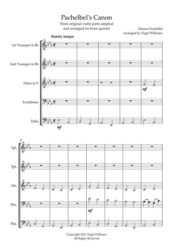 Pachelbel's Canon, for Brass Quintet (arr. Nigel Williams)