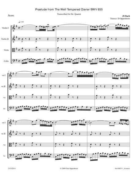 Bach: Prelude BWV 855 in e minor from The Well Tempered Clavier arr. for String Quartet (arr. D Oppenheim)