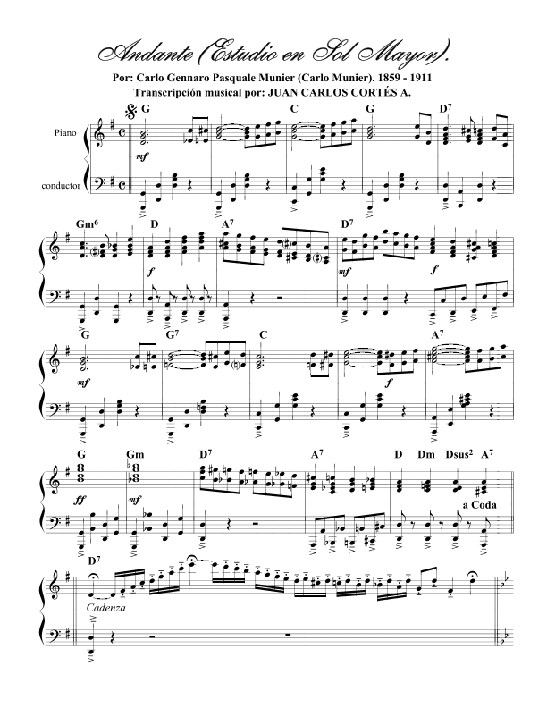 Andante. Estudio en Sol mayor. Por Carlo Gennaro Pasquale Munier. (arr. Juan Carlos Cortés Aguirre)