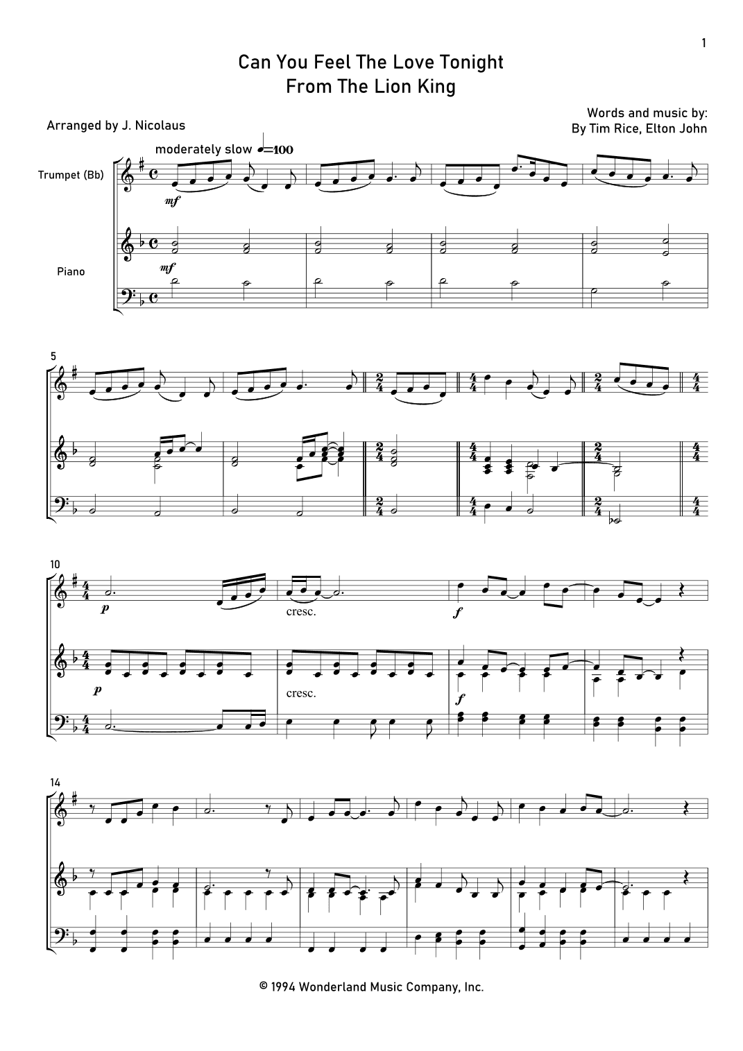 Can You Feel The Love Tonight (arr. John Nicolaus)