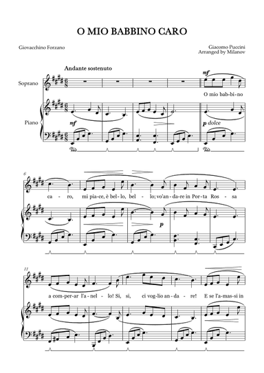 O Mio Babbino Caro | Female Voice Soprano | E Major | Piano accompaniment | Pedal (arr. Milanov)