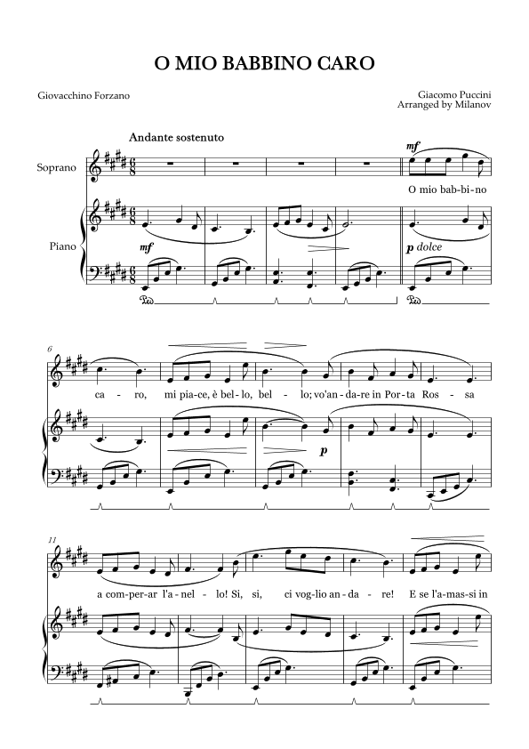 O Mio Babbino Caro | Female Voice Soprano | E Major | Piano accompaniment | Pedal (arr. Milanov)