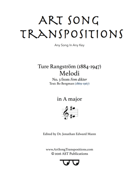 RANGSTRÖM: Melodi (transposed to A major) (arr. ArtSongTranspositions.com)