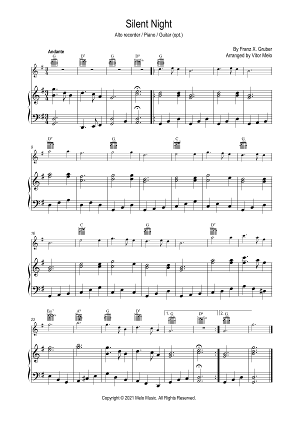 Silent Night - for alto recorder, piano and guitar (arr. Vitor Melo)