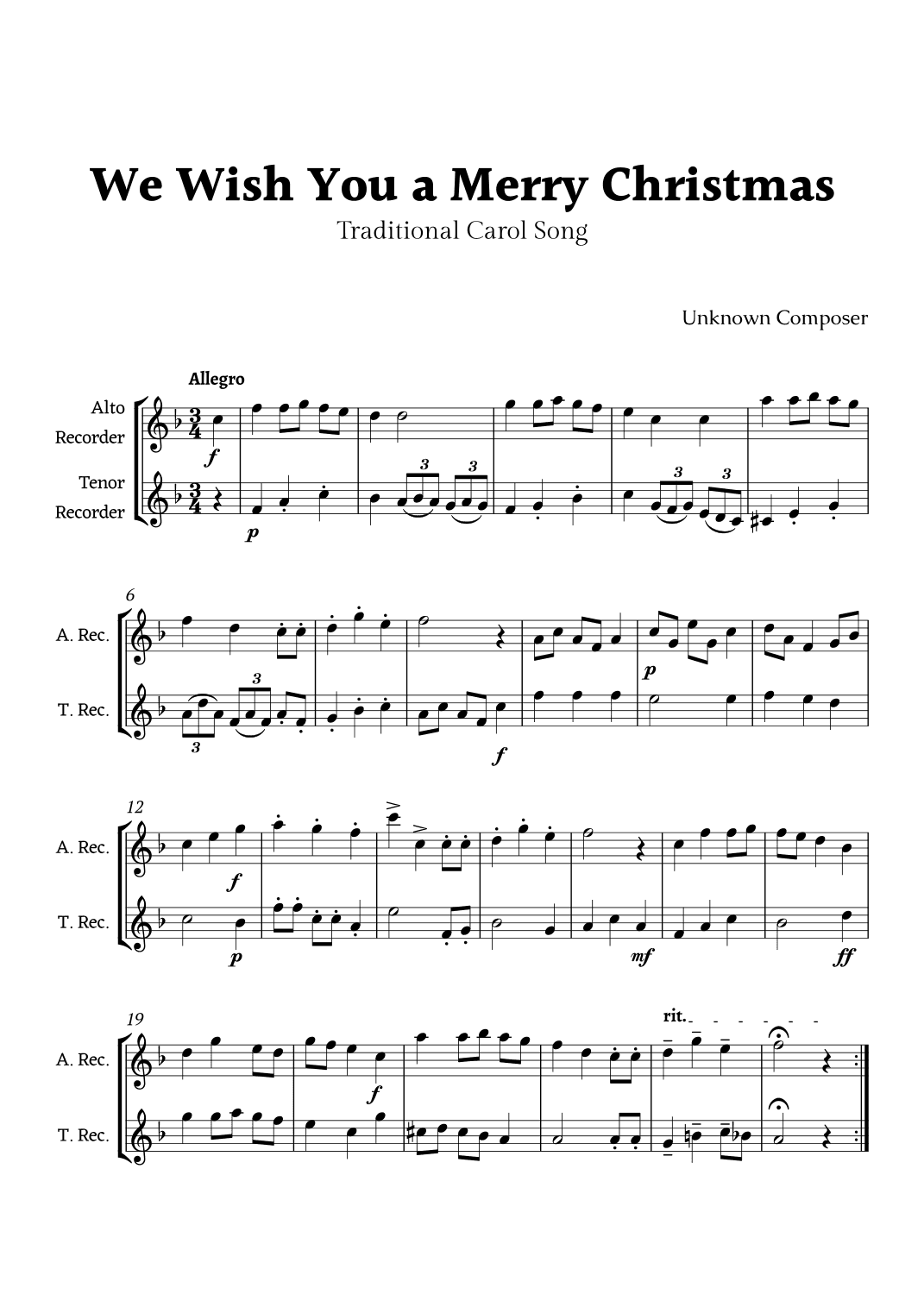 We Wish you a Merry Christmas for Recorder Duet (arr. Rika K.)