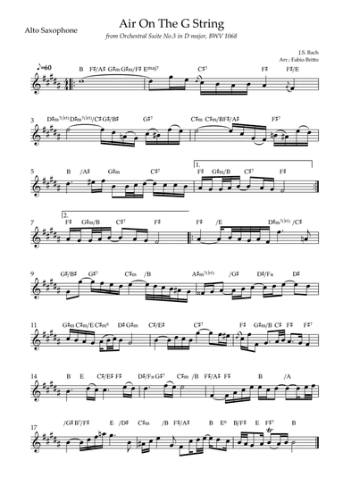 Air On The G String (J.S. Bach) for Alto Saxophone Solo with Chords (arr. Fabio Britto)