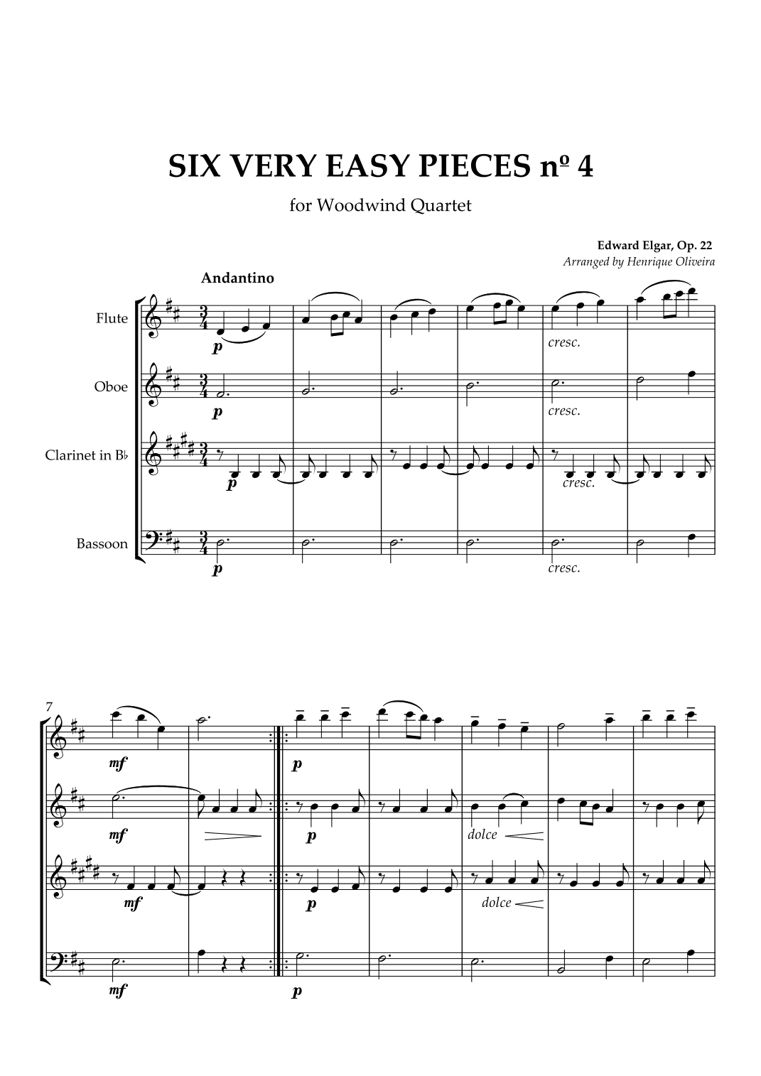 Six Very Easy Pieces nº 4 (Andantino) - For Woodwind Quartet (arr. Henrique Oliveira)