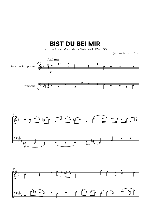 Bist du bei Mir (BWV 508) (for Soprano Saxophone and Trombone) (arr. Cadenza Editions)