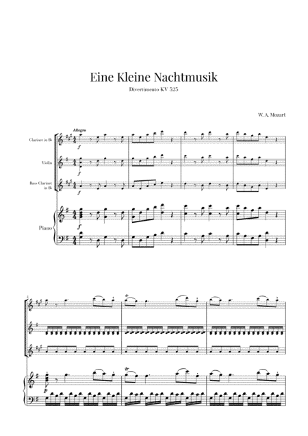 Eine Kleine Nachtmusik for Clarinet, Violin, Bass Clarinet and Piano (arr. Cadenza Editions)