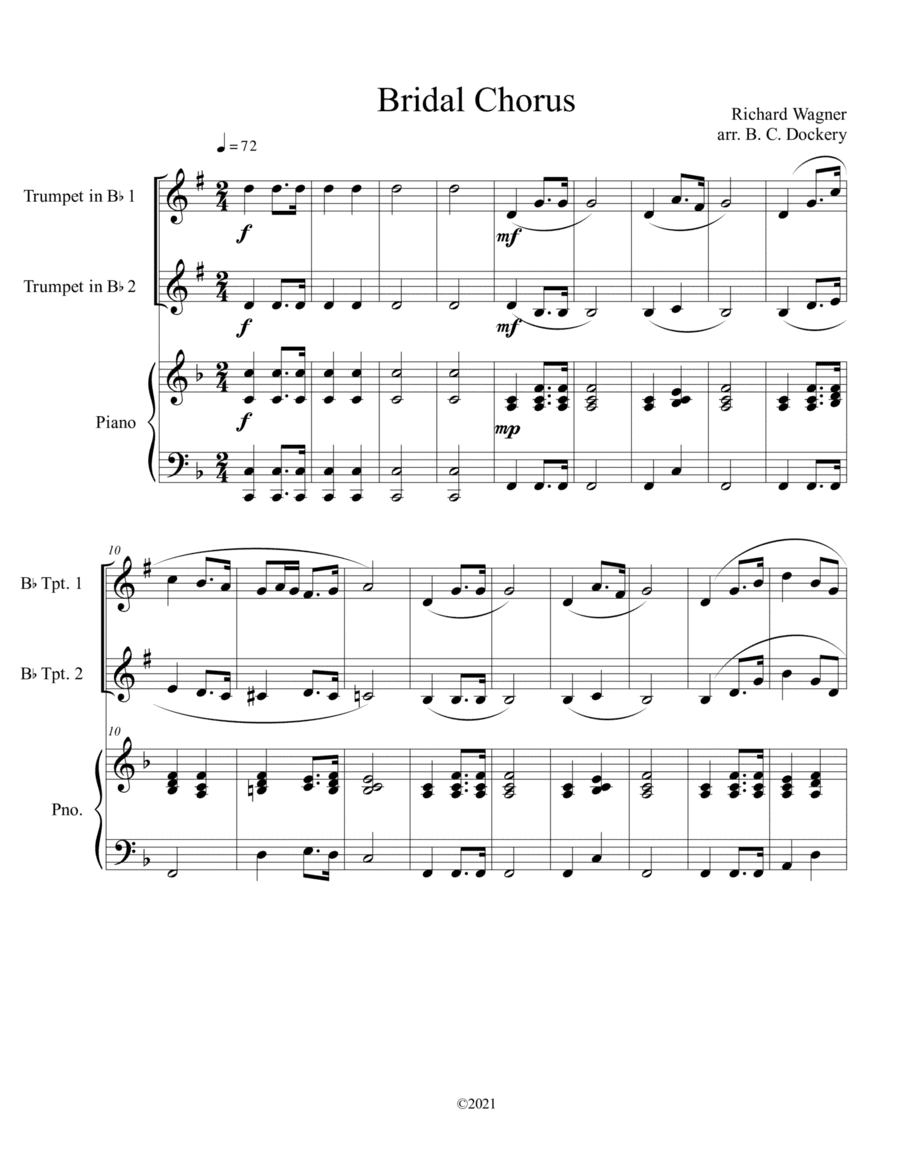 Bridal Chorus (Here Comes the Bride) for 2 Trumpets and Piano (arr. B. C. Dockery)
