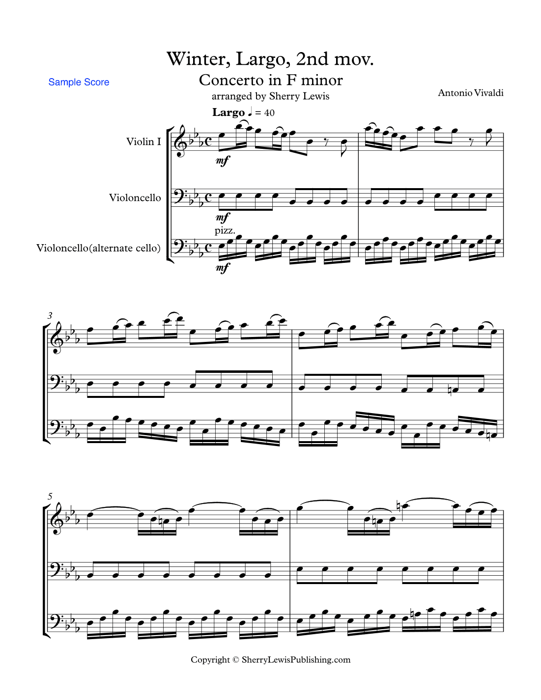 CONCERTO IN F MINOR, WINTER, 2st. Mov. (Largo), String Duo, Intermediate Level for violin and cello (arr. Sherry Lewis)