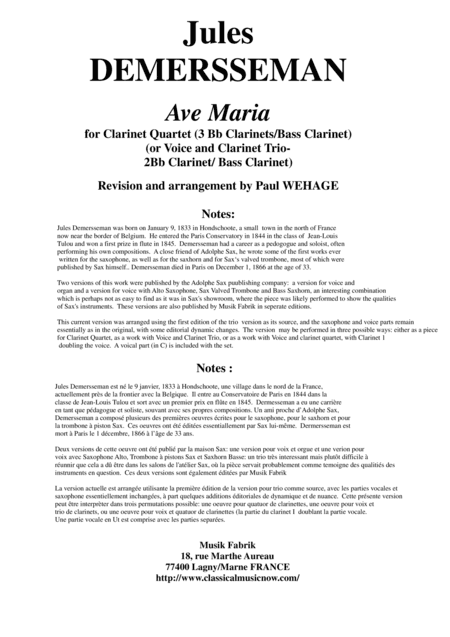 Jules Demersseman : Ave Maria for 3 Bb clarinets and bass clarinet (or medium voice, 2 Bb clarinets (arr. Musik Fabrik Music Publishing)