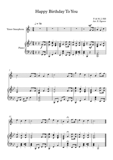 Happy Birthday To You, Patty & Mildred J. Hill, For Tenor Saxophone & Piano (arr. Eugene Egorov)