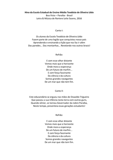 Hino da Escola Estadual de Ensino Médio Teodósio de Oliveira Lêdo