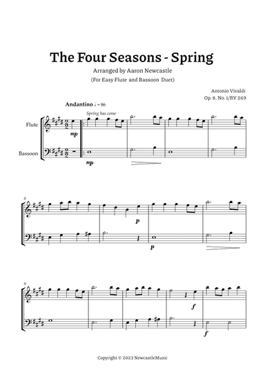 Vivaldi, Spring (The Four Seasons) — For Easy Flute and Bassoon Duet, Score and Parts (arr. Aaron Newcastle)