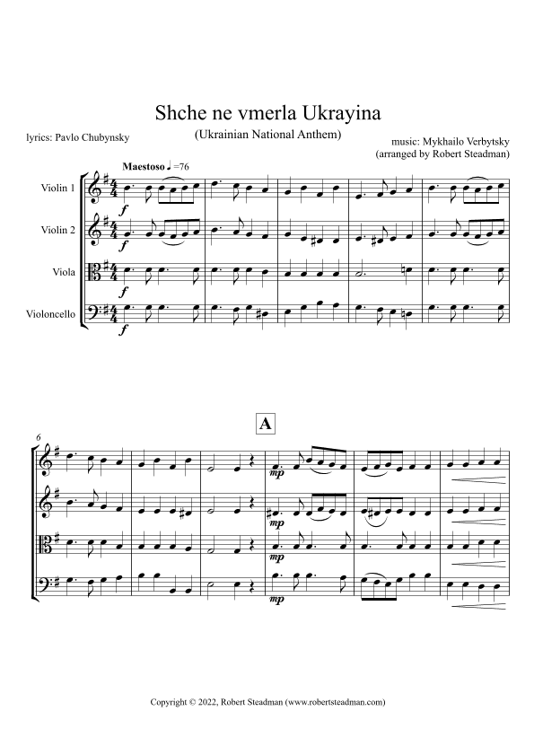 Shche ne vmerla Ukrayina (Ukrainian National Anthem) -  STRING QUARTET - Score & Parts inc. (arr. Robert Steadman)