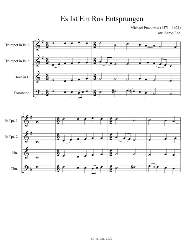 Es Ist Ein Rose Entsprungen (Lo, how a rose e'er blooming) (a chorale for brass quartet) (arr. Aaron Lee)