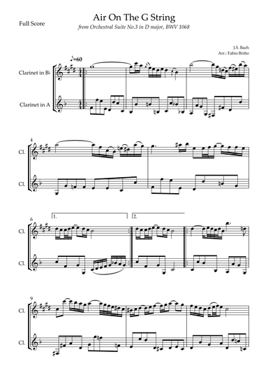Air On The G String (J.S. Bach) for Clarinet in A & Clarinet in Bb Duo (arr. Fabio Britto)
