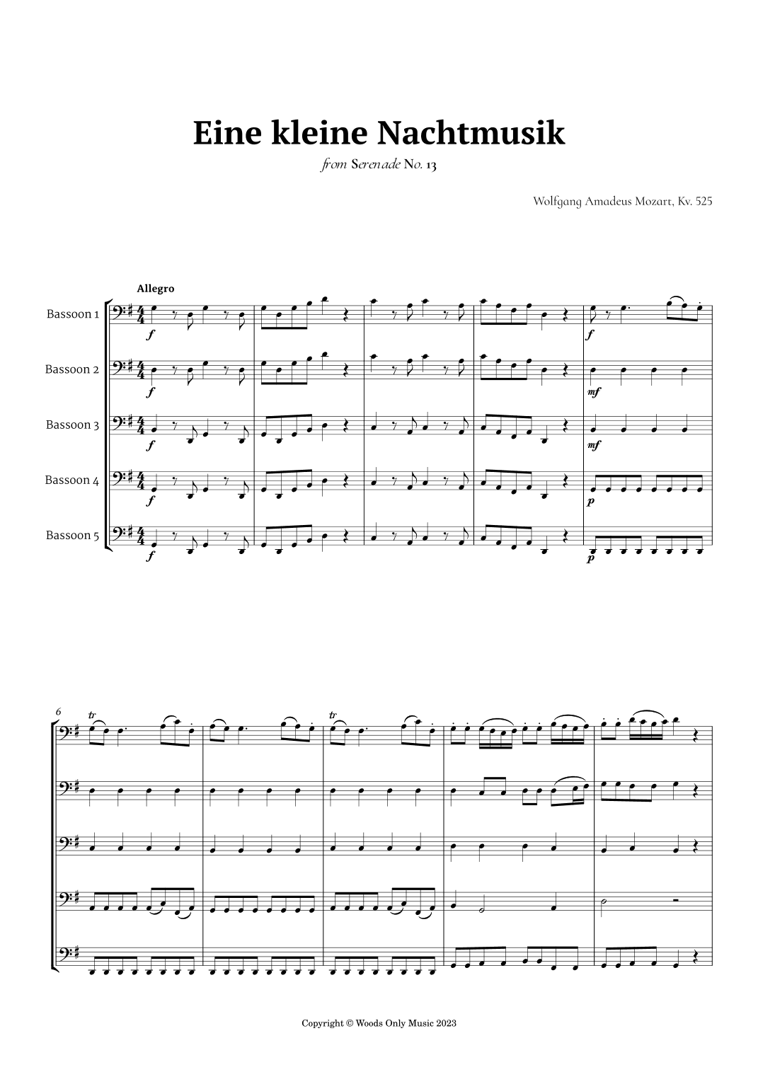 Eine kleine Nachtmusik by Mozart for Bassoon Quintet (arr. Ander)