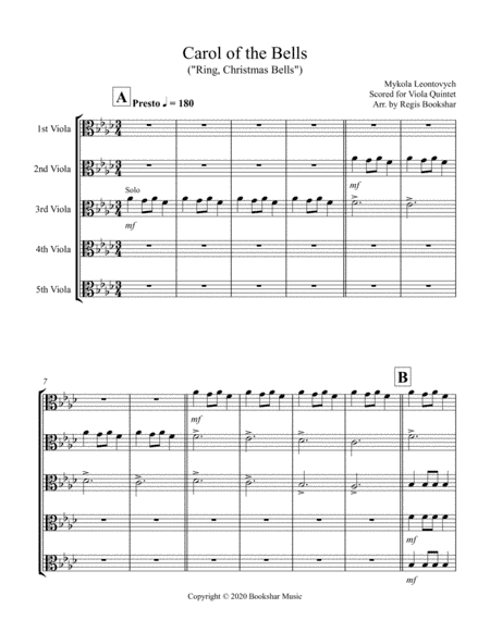 Carol of the Bells (F min) (Viola Quintet) (arr. Regis Bookshar)
