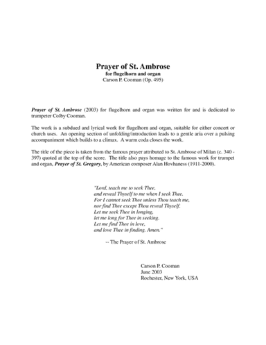 Carson P. Cooman : Prayer of St. Ambrose for flugelhorn and organ (Op. 495)