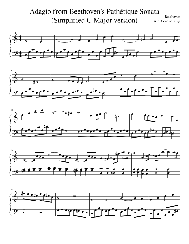 Beethoven's Pathétique Sonata, 2nd movement (easy C major) (arr. Kiss the Rain)
