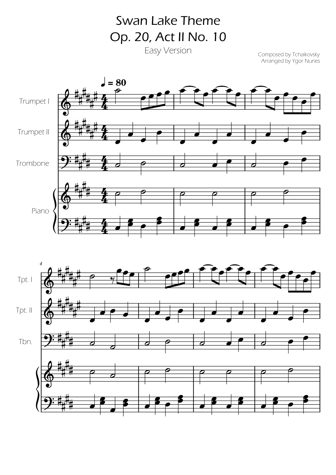 Swan Lake (theme) - Tchaikovsky - Trumpet and Trombone w/ Piano Accompaniment (arr. Ygor Nunes)