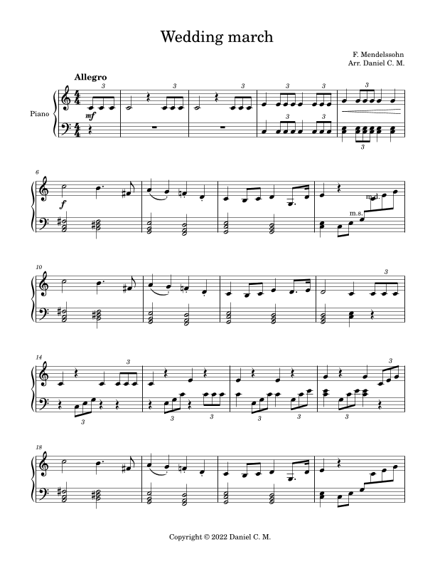 Wedding march by Mendelssohn for piano (easy) (arr. Daniel C. M.)