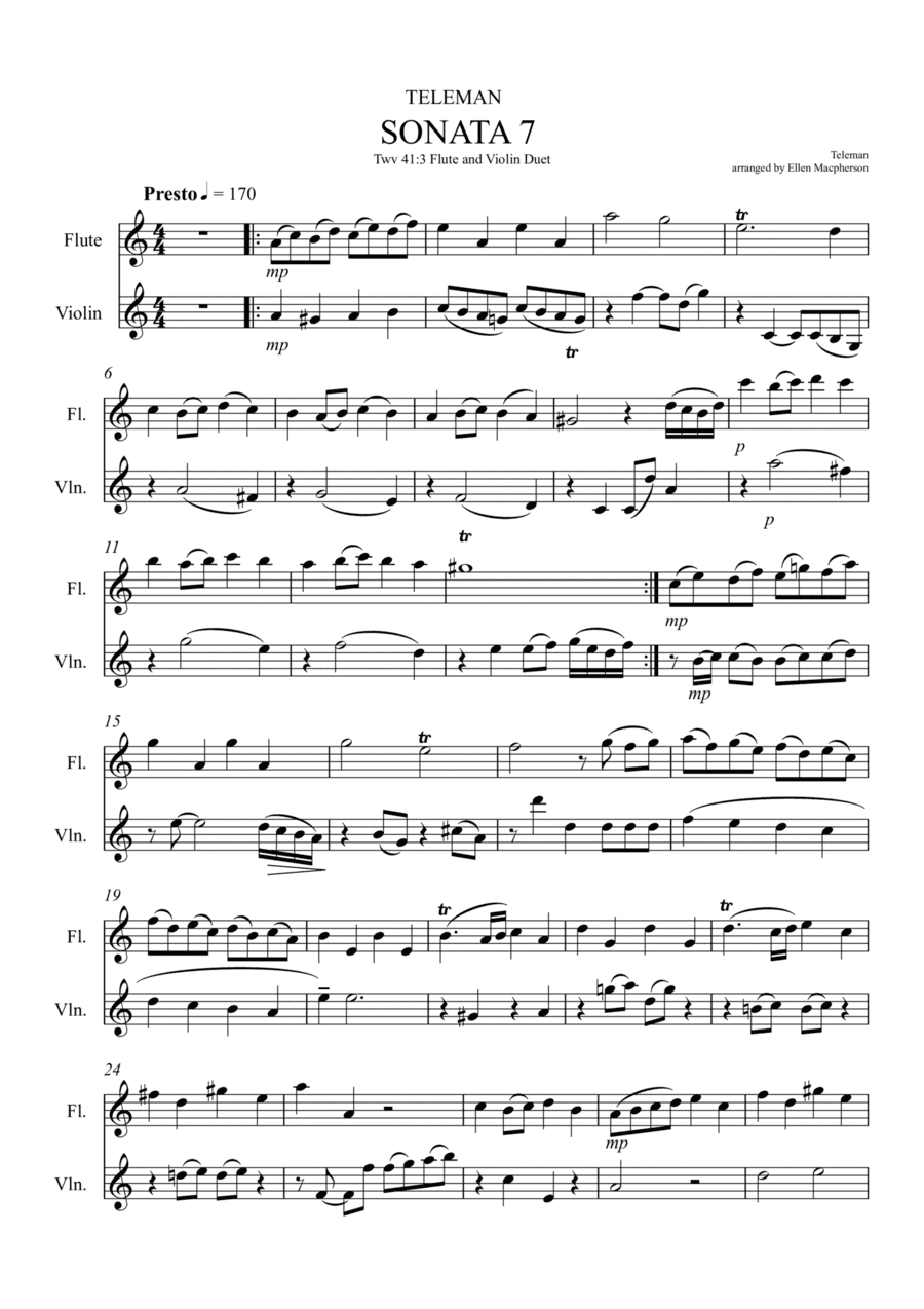 Flute and Violin Duet by Teleman (Sonata 7, Presto 41:3) (arr. Ellen Macpherson)
