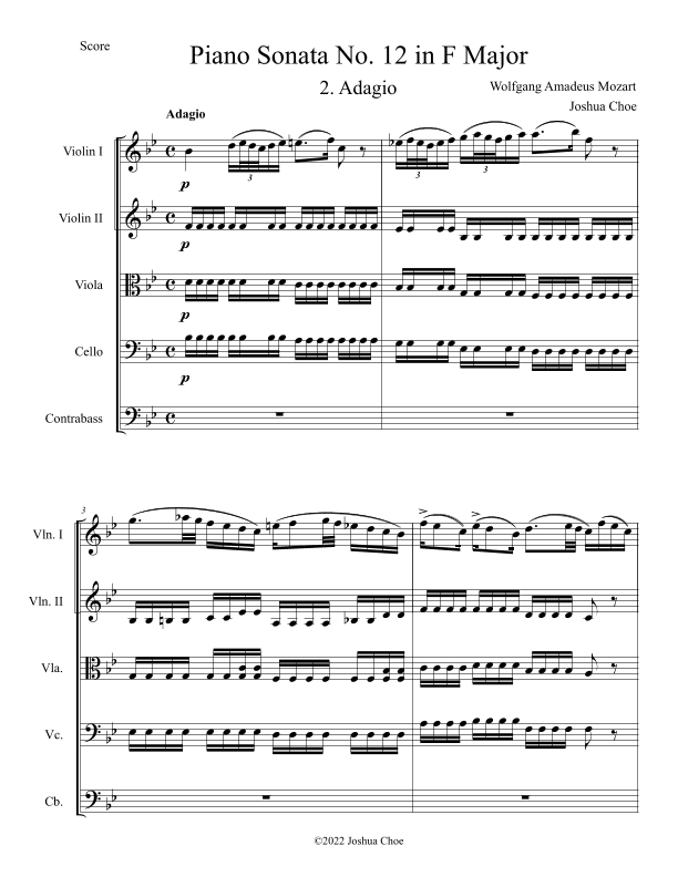 Piano Sonata No. 12 in F Major, Movement 2 (arr. Joshua Choe)