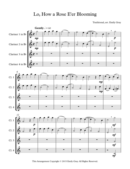 Lo, How a Rose E'er Blooming (4 clarinets) (arr. Emily Gray)