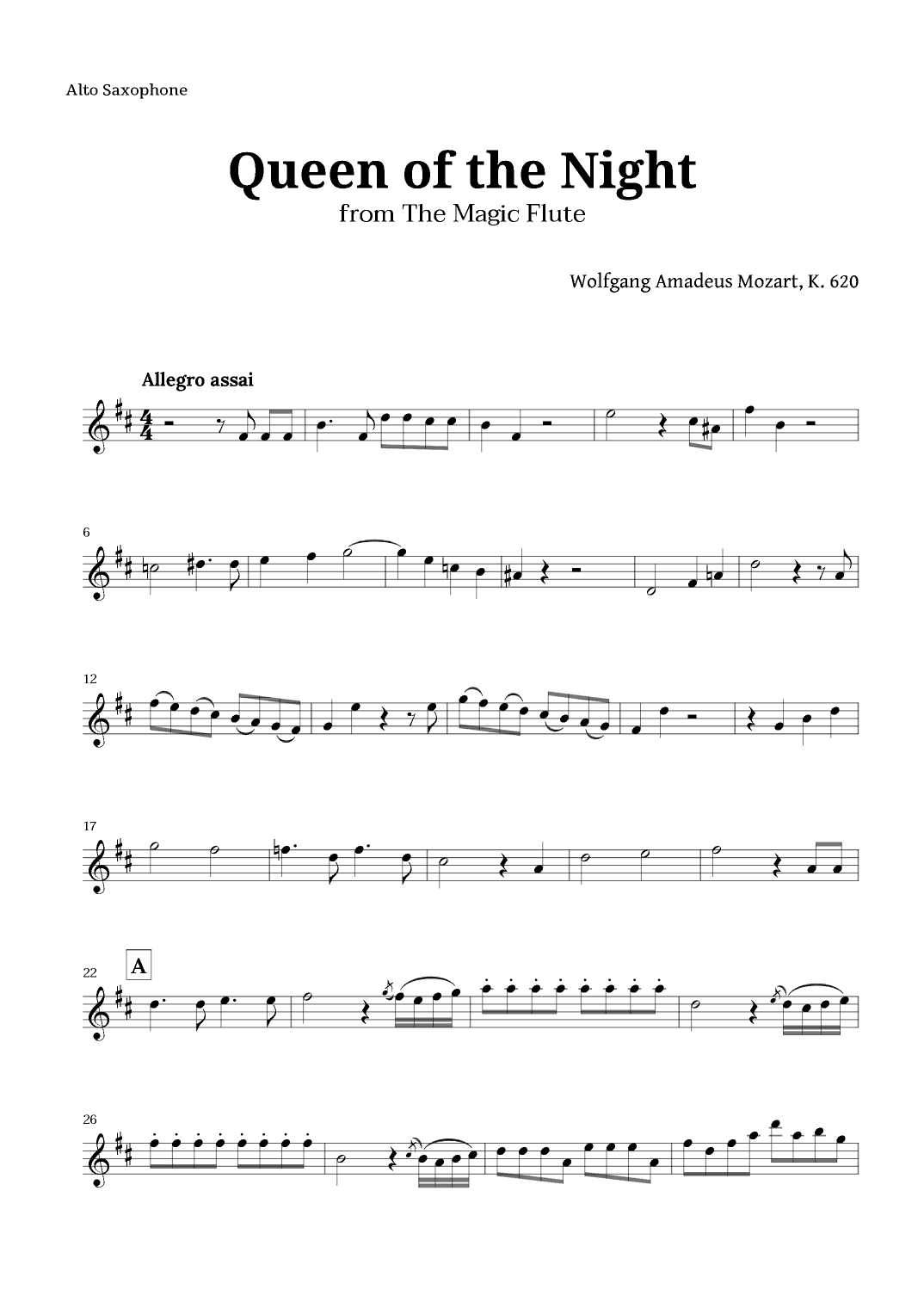 Queen of the Night by Mozart for Alto Sax Solo (arr. Langanho)