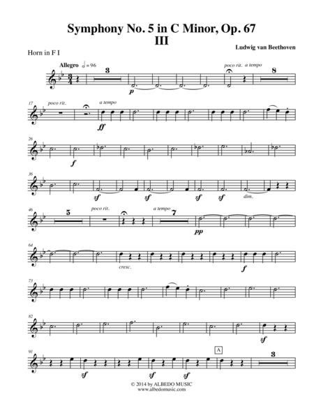 Beethoven Symphony No. 5, Movement III - Horn in F 1 (Transposed Part), Op. 67 (arr. Doug Clyde)