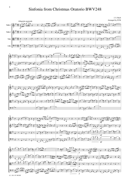 J.S.Bach Sinfonia from Christmas Oratorio BWV248, for string quartet, CB223 (arr. FCMUSIC)