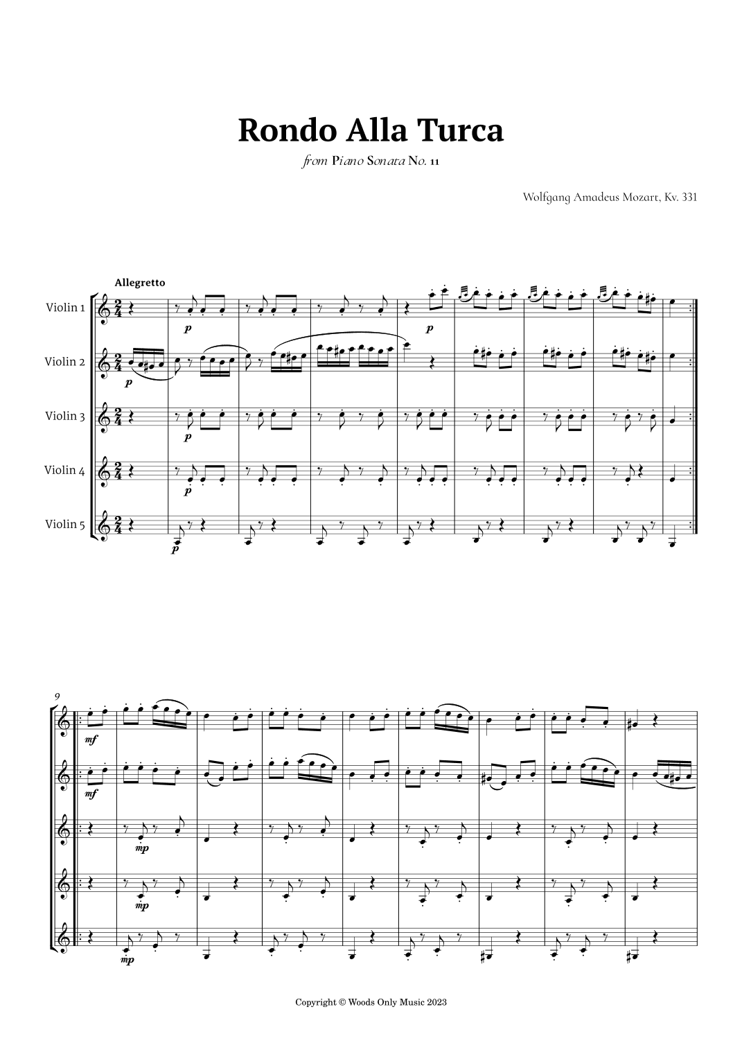 Rondo Alla Turca by Mozart for Violin Quintet (arr. Ander)