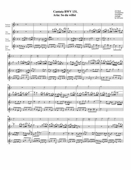 Aria: So du wilst from Cantata BWV 131 (arrangement for 4 recorders) (arr. Gil Garty)