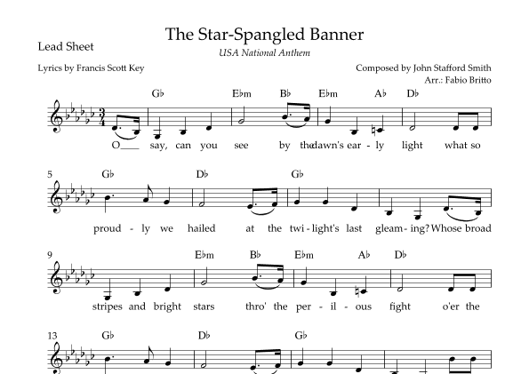 The Star Spangled Banner (USA National Anthem) Lead Sheet (Gb Major) (arr. Fabio Britto)