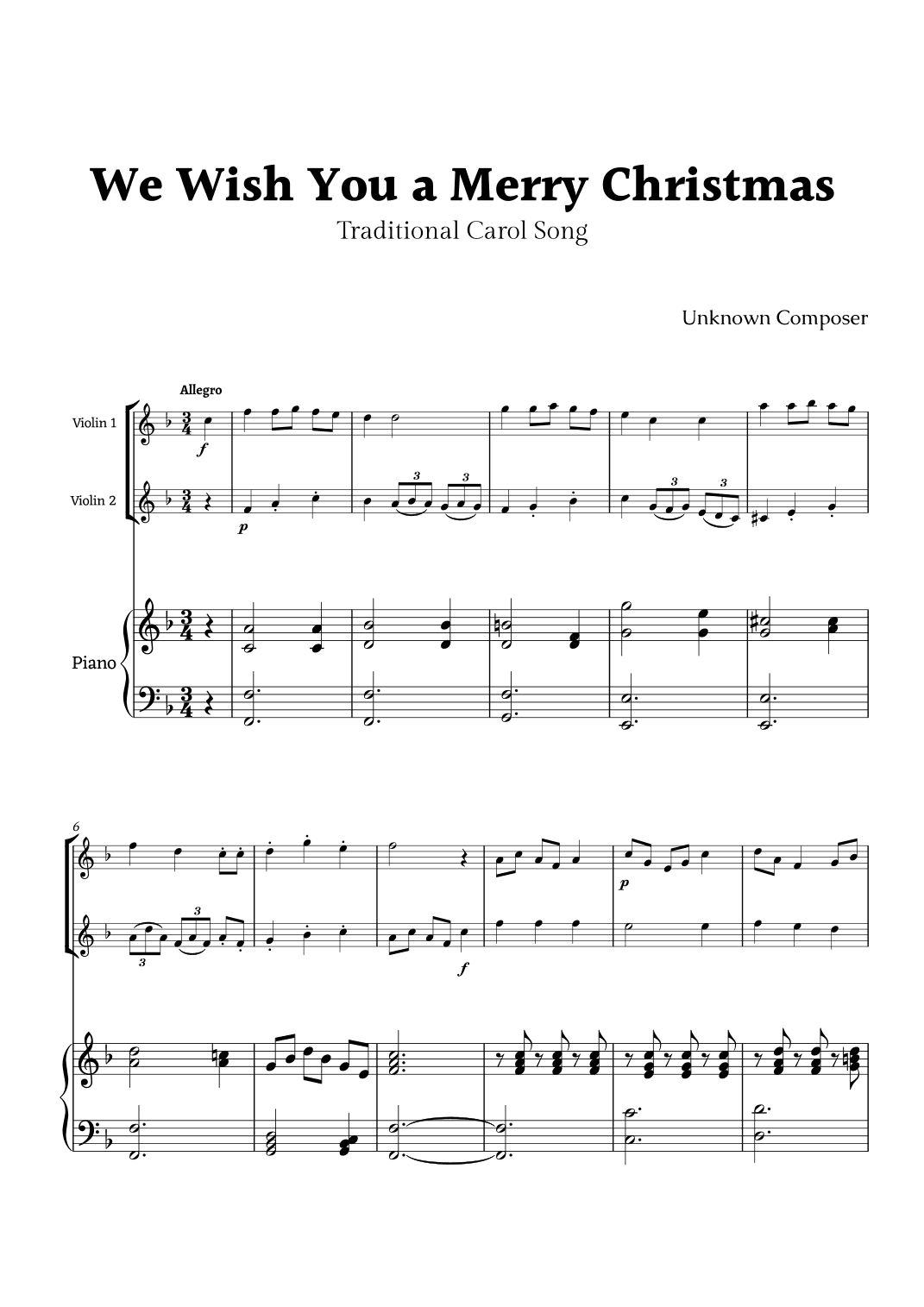 We Wish you a Merry Christmas for Violin Duet with Piano (arr. Rika K.)