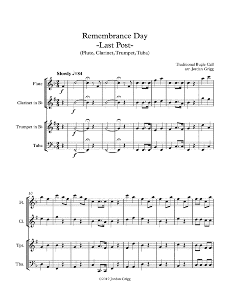 Remembrance Day. 'Last Post' (Flute, Clarinet, Trumpet, Tuba) (arr. Jordan Grigg)