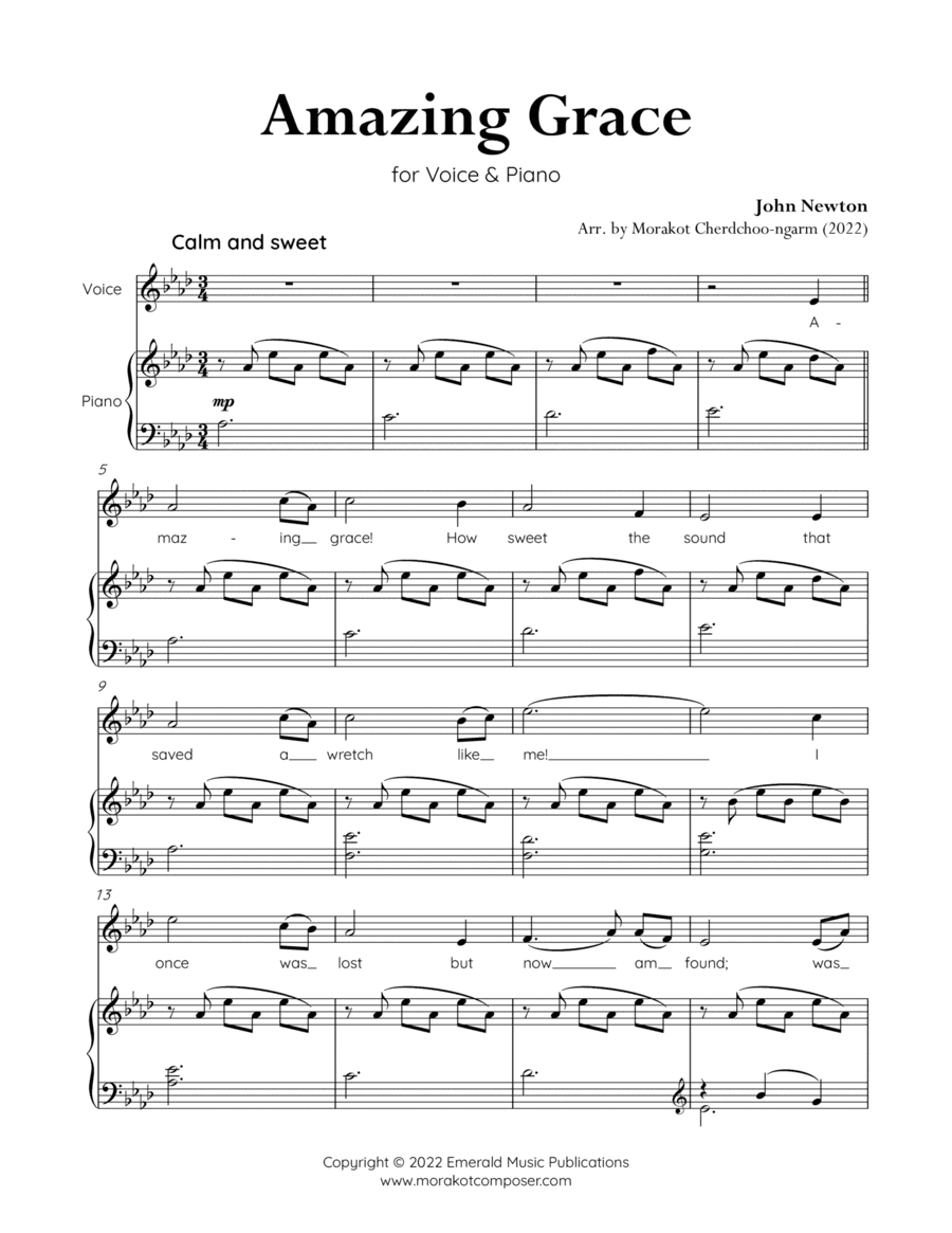 Amazing Grace for Voice & Piano (A-flat) (arr. Morakot Cherdchoo-ngarm)