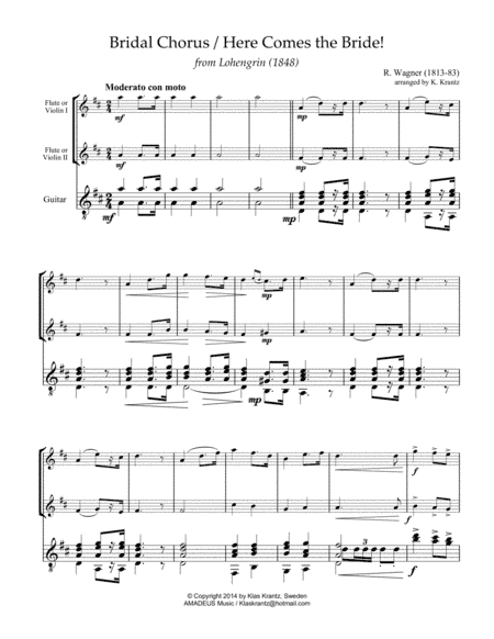 Bridal Chorus / Here Comes the Bride! for flute or violin duet and guitar (D Major) (arr. K. Krantz)