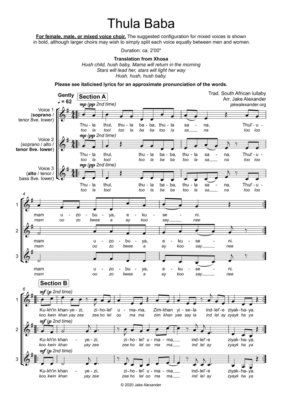 Thula Baba - SSA/TTB/SAT a cappella (arr. Jake Alexander)