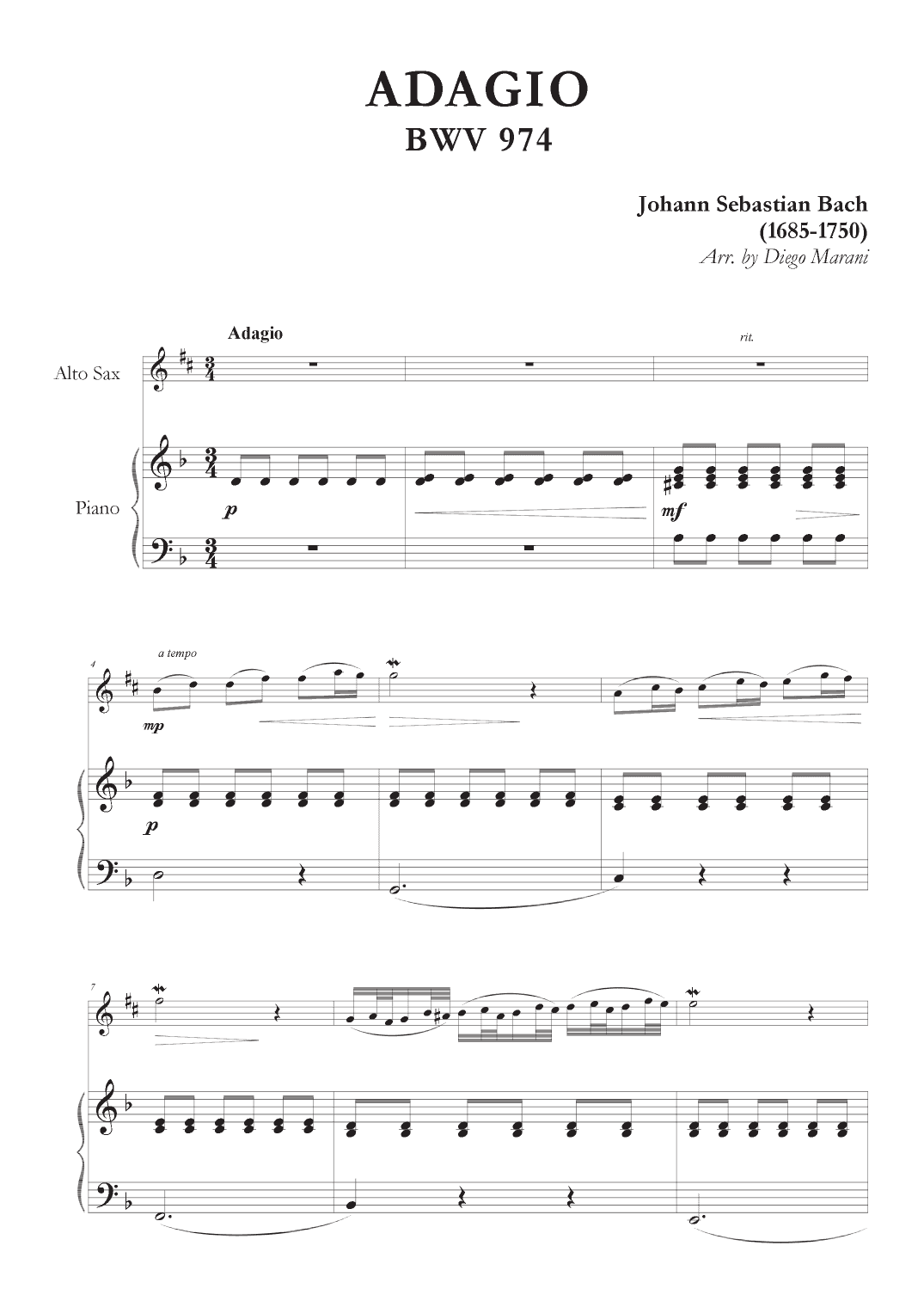 Adagio from BWV 974 for Alto Saxophone and Piano (arr. Diego Marani)