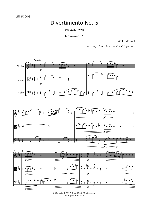 Mozart, W. A - Divertimento No. 5, KV. 229, for Violin, Viola and Cello (arr. SheetMusic4Strings)