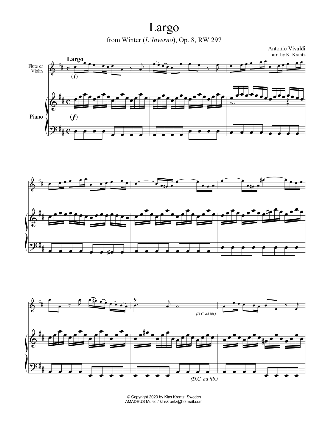 Largo from Winter (L'Inverno) for easy flute/violin and piano (cello part ad lib) (arr. K. Krantz)