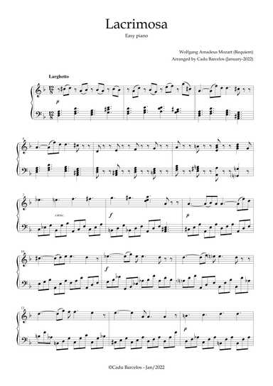 Lacrimosa Easy Piano Solo (Mozart) (arr. Cadu Barcelos)